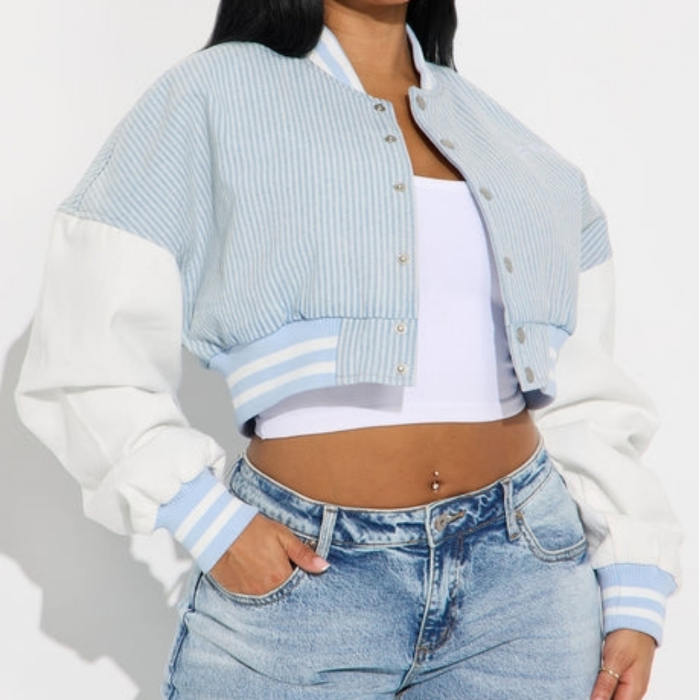Cropped Pinstripe Denim Jacket (M)